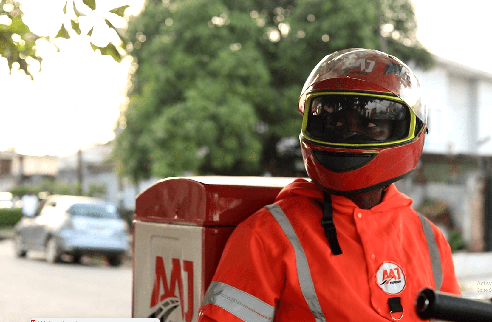 A close-up of a rider in a helmet
